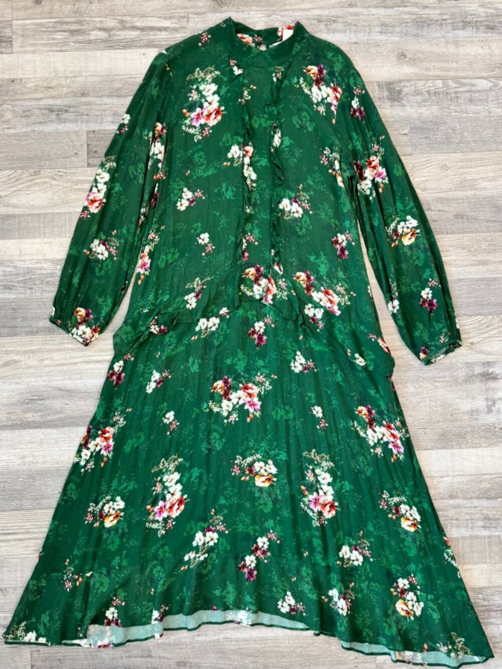 H & M Green Floral Long Sleeve Maxi Dress Size 14 Ruffled A37